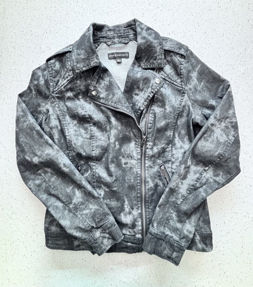 Rock & Republic Womens S Gray Tie Dye Denim Moto Jacket Acid Wash Full Zip Biker